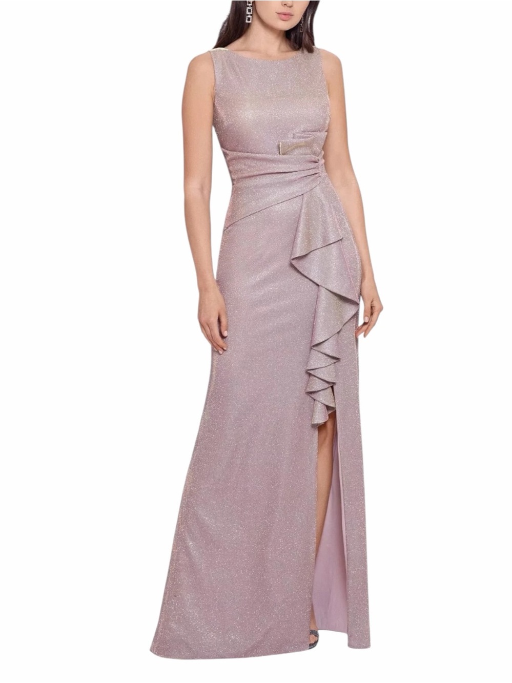 Betsy & Adam serene galaxy glitter evening gown rose gold sparkle size 4 petite